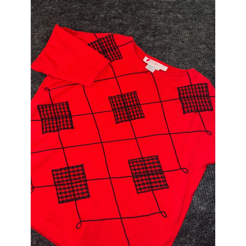 Vintage Chaus Red Plaid Applique Argyle Stitched Knit Top Small Cotton 3/4 Slv